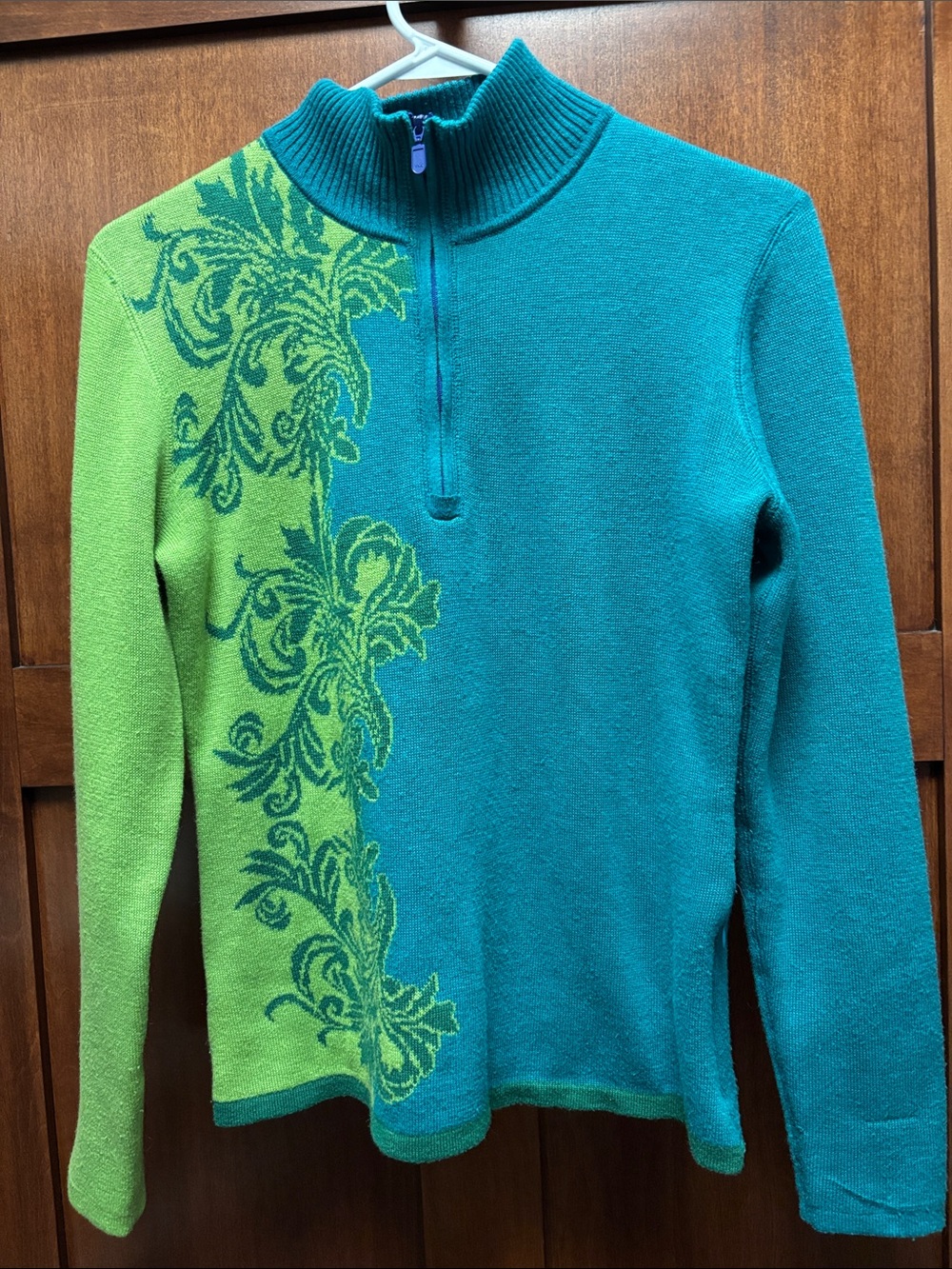 Title Nine Teal and Lime Zip-Front Wool Blend Sweater